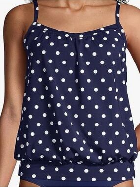 NWT Lands' End Navy & White Polka Dot Blouson Tankini UPF 50 Size XS